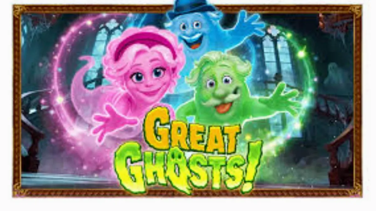 Tampilan visual slot Great Ghosts dengan tema rumah hantu kartun